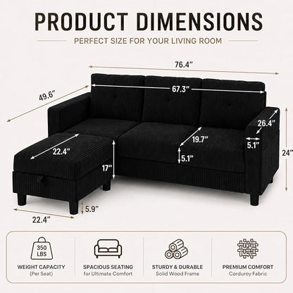 Convertible Sectional Sofa with Storage Ottoman, 77” L-Shaped 3-Seat Couch with Skin-Friendly Corduroy Fabric, Reversible Small Sectional for Small Space, Apartment, Living Room and Office(Black)