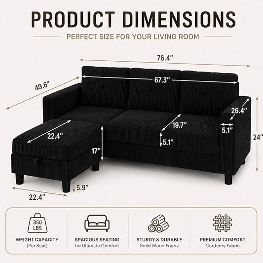 Convertible Sectional Sofa with Storage Ottoman, 77” L-Shaped 3-Seat Couch with Skin-Friendly Corduroy Fabric, Reversible Small Sectional for Small Space, Apartment, Living Room and Office(Black)