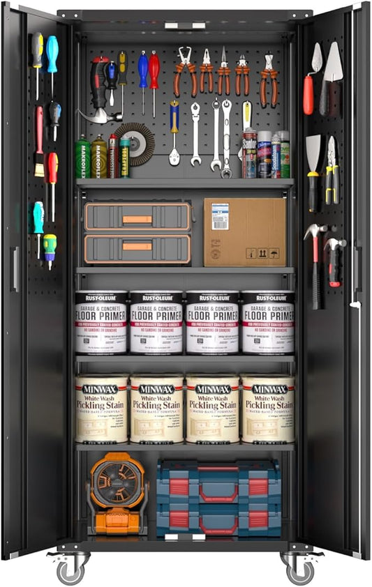 72-Inch H Black Metal Garage Storage Cabinet with Wheels & Pegboard, Locking 2-Door Rolling Storage Cabinet with 4 Adjustable Shelves for Garage, Workshop & Home Office