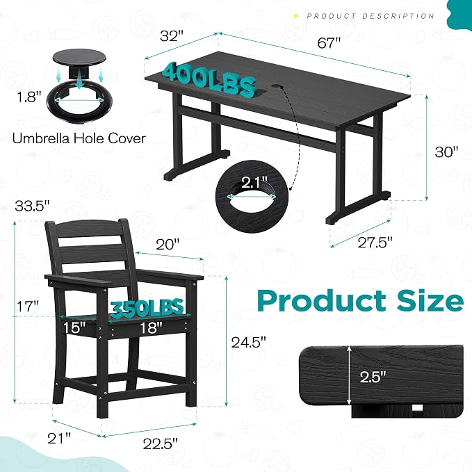nalone Outdoor Dining Table for 6 - Person, 67"x32" Rectangular Patio Dining Table, All Weather HDPE Dining Table with Umbrella Hole(Black, 1 Table)