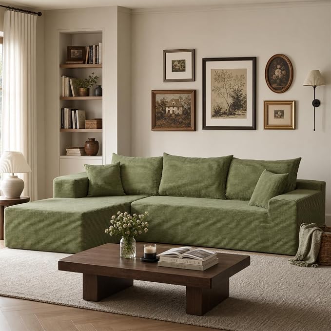 Boneless Couch, 102.4" Sectional Couches for Living Room with L Shape Sofa | Cloud Couch Sectional with Chaise, Modular Cloud Sofa with Deep Seat, No Assembly, Green, Corduroy, Left Chaise