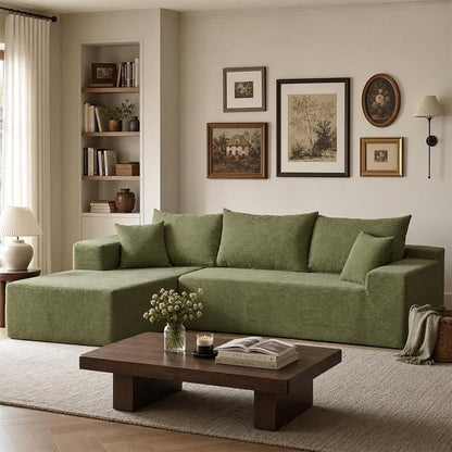 Boneless Couch, 102.4" Sectional Couches for Living Room with L Shape Sofa | Cloud Couch Sectional with Chaise, Modular Cloud Sofa with Deep Seat, No Assembly, Green, Corduroy, Left Chaise