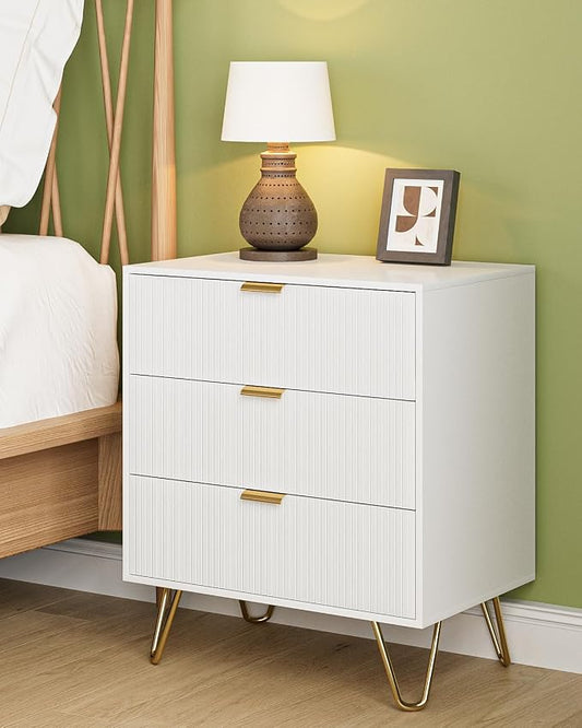 Fluted 3 Drawer Dresser for Bedroom, Modern Storage Bedroom Dresser Chest Cabinet Organizer with Anti-Tip Hardware for Living Room, Dressing Room, Kids Room, Office (White)