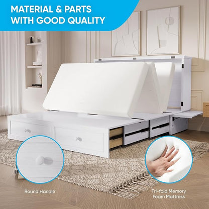 Mjkone Queen Size Murphy Cabinet Bed with Tri-Fold Mattress, Multi-Functional Cube Cabinet Bed, Mobile Wall Beds Chest with Storage Drawers and USB Charging Station for Bedroom Office, White