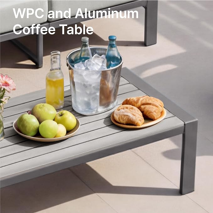 KISLOT Aluminum Outdoor Patio Furniture Set with Coffee Table,6 Seater Patio Conversation Sets with Washable Thick Cushions,Outdoor Sectional Furniture Set for Poolside, Balcony,Gray Aluminum Frame