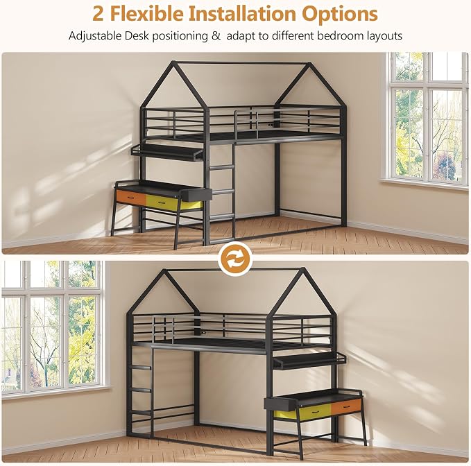 DICTAC Twin Over Twin Low Bunk Bed with Desk and Drawers, Black | Metal House Shaped Low Bunk Bed, 2 Storage Drawers, Bookshelf and Side Pocket, Floor Bunk Bed with 13.4''H Safety Guardrail