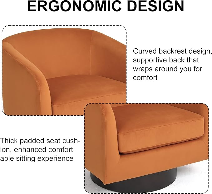 Swivel Barrel Accent Chair, Modern Round Chenille Fabric Arm Chair for Living Room, Bedroom, Comfy Club Reading Chairs for Adults（Velvet Orange, Set of 1