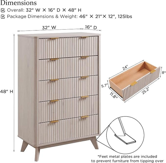 T4TREAM Fluted 5 Drawers Dresser, 48" Tall Modern Chest of Drawers, Curved Profile Design, Wood Drawer Organizer for Bedroom, Living Room, Hallway, Entryway, White Alder