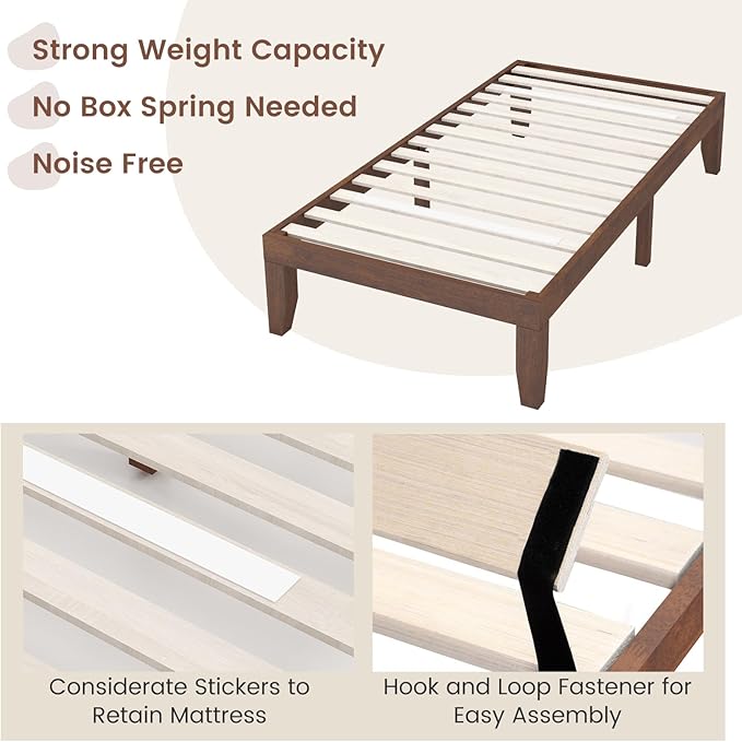 COSTWAY Wood Platform Bed Frame, 14 Inches Solid Rubber Wood Bed Mattress Foundation with Sturdy Slats Support, Easy Assembly Bed Frame for Home Hotel, No Box Spring Needed (Walnut, Twin)