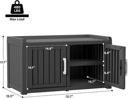 Outdoor Shoe Bench, Waterproof UV-Resistant Indoor Resin Shoe Cabinet, Entryway Shoe Storage Bench with 2 Doors, for Entryway, Hallway, Living Room, Bedroom, Black