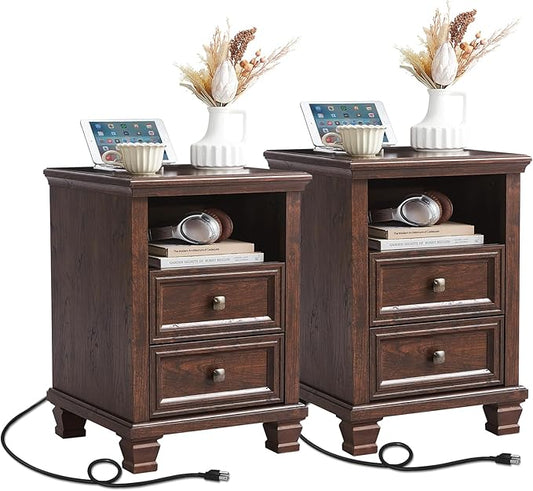 SAVOR LIFE Farmhouse Nightstand Set of 2 with Charging Station, Rustic Brown Nightstand, 2 Drawers End Table, Bedside Table with Open Shelf for Bedroom, Walnut