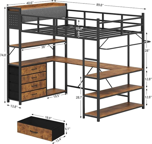 Loft Bed Twin Size with Storage Upholstered Headboard, Metal Twin Loft Bed Frame with U-Shaped Desk & LED Lights, Bunk Loft Beds with Power Outlet, Loft Beds with 4 Storage Drawers, Guard & Ladder