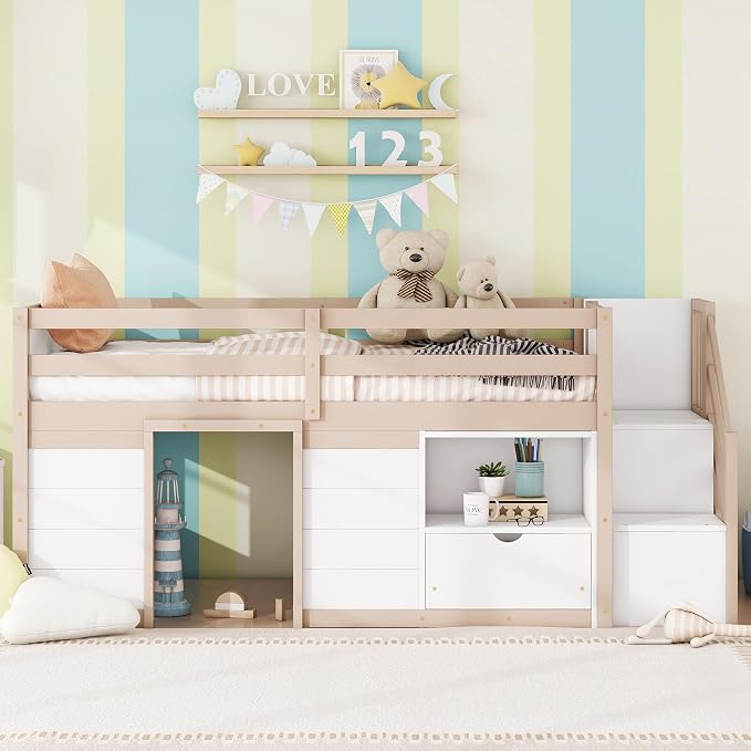Bellemave Twin Size Low loft Bed for Kids,Wood Loft Beds,Modern Farmhouse Twin loft Bed,Loft Bed with Desk and Storage, No Box Spring Needed,for Kids, Cream White and Natural