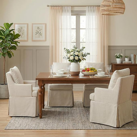 UVV Upholstered Dining Chairs Set of 4, Modern Kitchen Chair Dining Room Chair with 4 Casters, Linen Armchair for Bedroom Reading Room Living Room, Beige