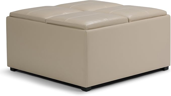 SIMPLIHOME Avalon Wide Contemporary Square Coffee Table Storage Ottoman, Satin Cream, Table Ottoman
