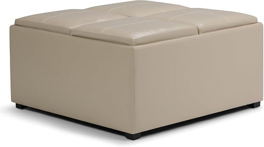 SIMPLIHOME Avalon Wide Contemporary Square Coffee Table Storage Ottoman, Satin Cream, Table Ottoman