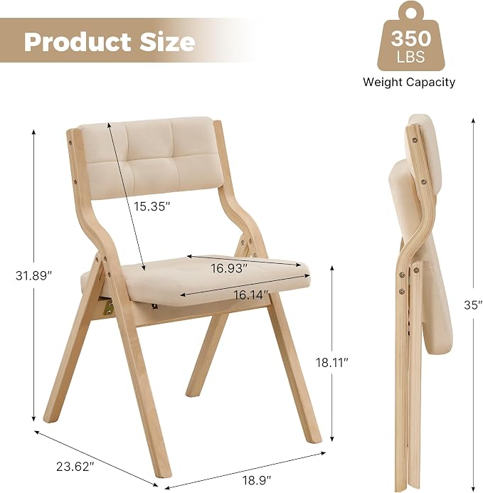 Folding Dining Chairs with Cushion Set of 2,Padded Foldable Dining Chairs,Portable Wooden Folding Chairs with Seat for Dining Rooms Kitchen Wedding Party Indoor Velvet Khaki