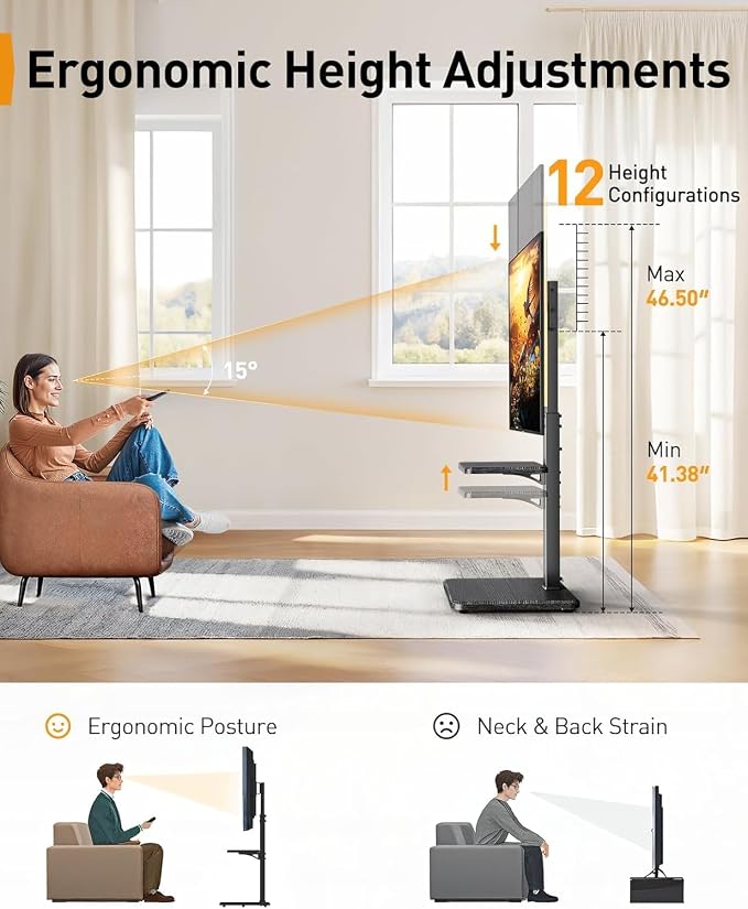 Perlegear Floor TV Stand with Power Outlet, Universal TV Stand for 32-75 inch TVs up to 110 lbs, Height Adjustable Standing TV Mount, Tall TV Mount with Wood Base, Max VESA 600x400mm, PGFS06
