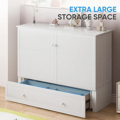PUREMIND Queen Murphy Bed with Mattress Included, Murphy Cabinet Bed with Storage Drawer, Built-in Charging Station, Solid Wood Frame, Space-Saving Cabinet Beds for Small Spaces/Guest Room (White)