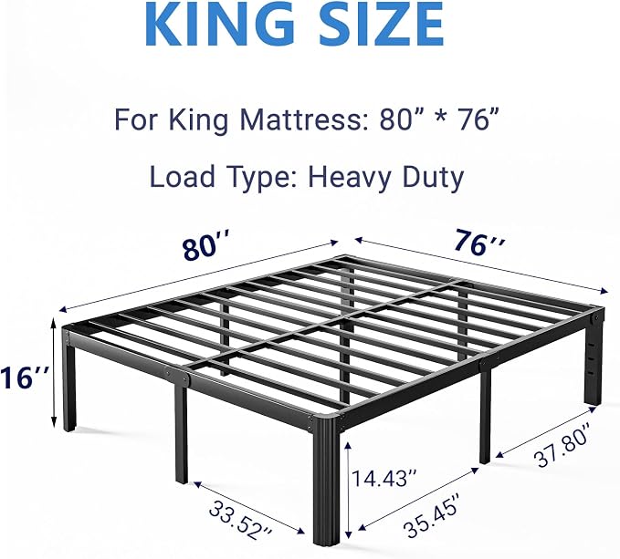 16 Inch High Metal King Bed Frame No Box Spring Needed, Heavy Duty King Size Bed Frame Platform, Noise Free, Easy Assembly, Black