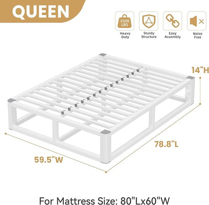14 Inch Queen Bed Frame with Rounded Corner and Headboard Hole, Metal Platform Bed Frames 6 Non-Slip Guards, 3500lbs Heavy Duty Steel Slat Support, Squeak Free, No Box Spring Needed, White