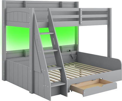Wood Bunk Bed Twin Over Full Size with Built-in Storage Shelves and Charging Station, Versatile Bunk Bed Frame with Ladder and Guardrail for Kids Teens Adult, Maximize Space (Grey-5.6)