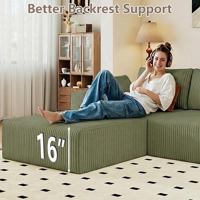 95" Cloud Sectional Couch with L-Shape Chaise, Modular Comfy Sofa Chaise Longue, Upholstered Corduroy Couches Sleeper with Deep Seat for Living Room Bedroom, No Assembly Required(Green, Left Facing)
