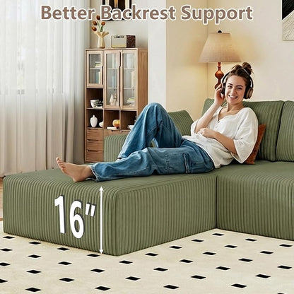 95" Cloud Sectional Couch U-Shaped Chaise with Ottoman, Corduroy Boneless Couch for Living Room Bedroom, Deep-Seat Upholstered Modular Cloud Sofa, No Assembly Required (Green, Left Facing Chaise)