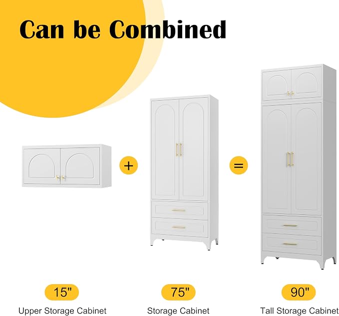 SteeLoong Kitchen Pantry Cabinet，90" Storage Cabinets with Doors and Shelves,Metal Pantry Cabinet with 2 Drawers,White Kitchen Cupboard for Livingroom,Pantry, Bathroom