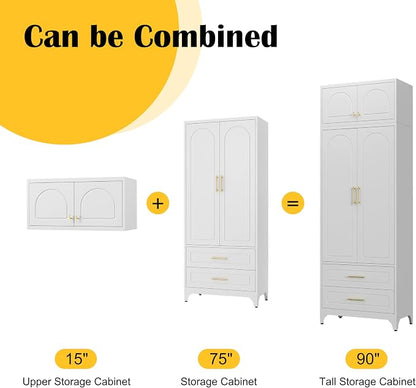 SteeLoong Kitchen Pantry Cabinet，90" Storage Cabinets with Doors and Shelves,Metal Pantry Cabinet with 2 Drawers,White Kitchen Cupboard for Livingroom,Pantry, Bathroom