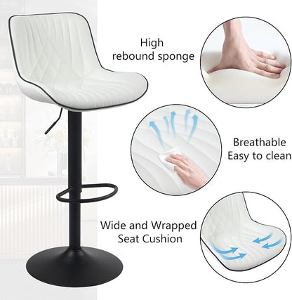 YOUTASTE Bar Stools Set of 2, Adjustable Swivel Counter Height Barstools with Back, White Faux Leather Upholstered Bar Chairs with Black Metal Base, Stools for Kitchen Island or Home Bar