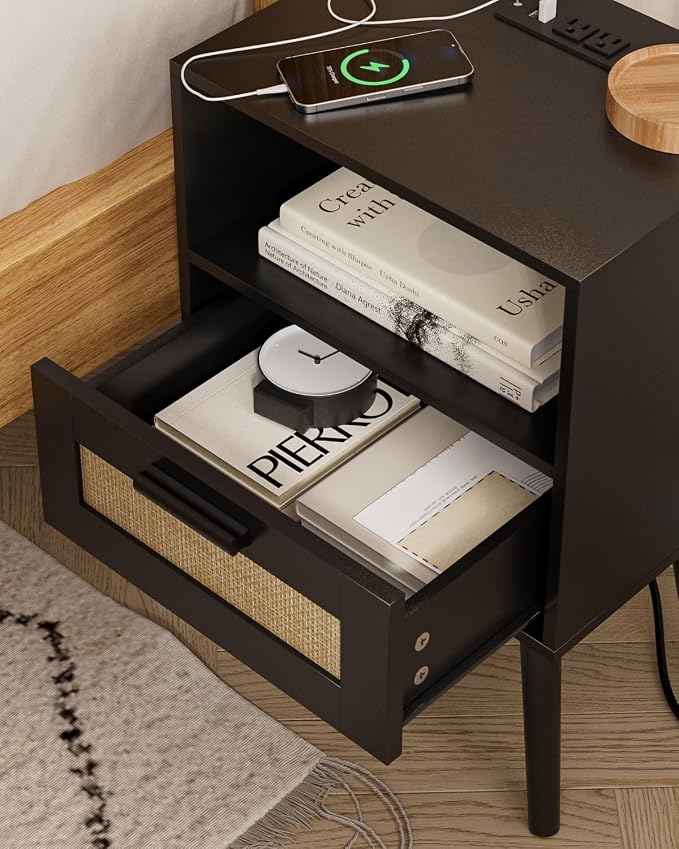 Aienvey Bedroom Nightstands Wooden Night Stands with Rattan Weaving Drawer Home Bedside End Table for Bedroom Storage (Modern-Black)