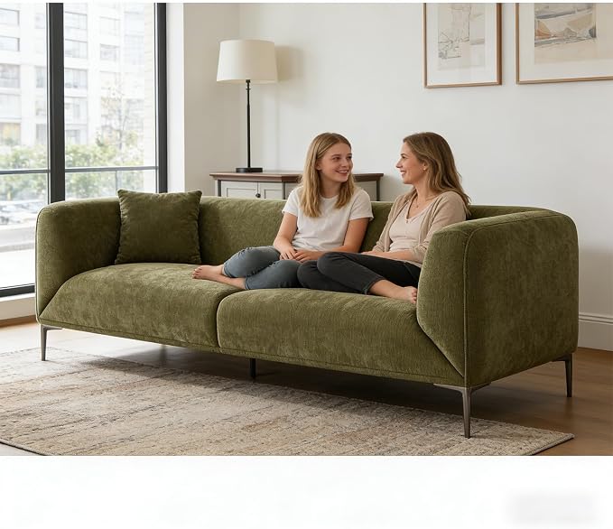 82.68" Modern Upholstered Sofa with Straight Design, Full and Soft Seating, Includes 2 Throw Pillows, 3 Seats,Fabric Couch with Metal Legs for Living Room, Office, Apartment (Green)