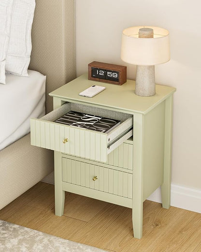 Fluted Nightstand, Farmhouse Night Stand with 3 Drawers, Mid Century Modern Side Accent Table,Bedside End Table for Bedroom, Living Room, Pale Green