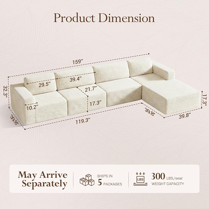 Vesgantti 159" Large Modular Sectional Sofa, L-Shaped Corduroy Cloud Couch with Deep Seats & Spring Support, 4-Seater Boneless Sofa with Movable Ottoman, No Assembly Needed, Beige
