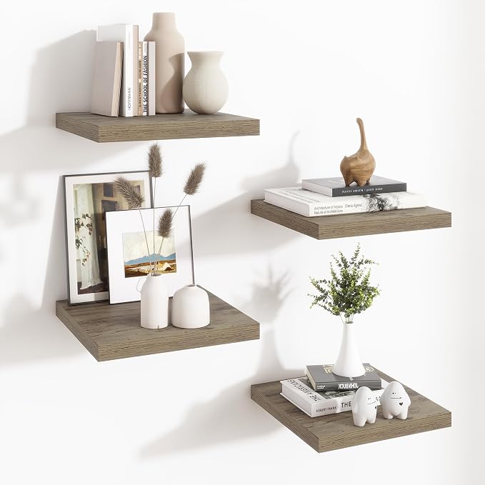 Fun Memories Square Floating Shelves for Wall - 12 Inch Deep Floating Shelves with Invisible Brackets, Grey Small Wall Shelf for Living Room, Bathroom, Bedroom, and Kitchen Decor Set of 4