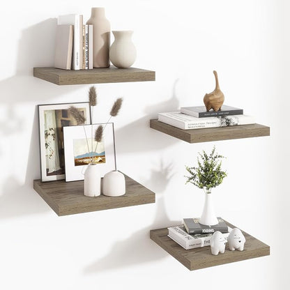 Fun Memories Square Floating Shelves for Wall - 12 Inch Deep Floating Shelves with Invisible Brackets, Grey Small Wall Shelf for Living Room, Bathroom, Bedroom, and Kitchen Decor Set of 4