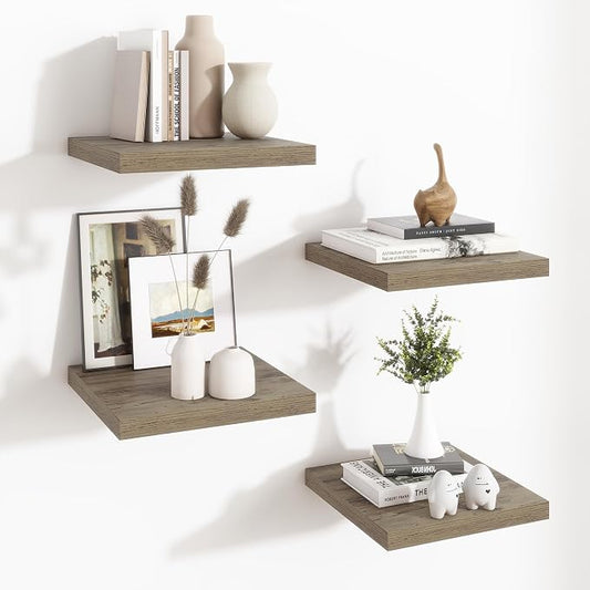 Fun Memories Square Floating Shelves for Wall - 12 Inch Deep Floating Shelves with Invisible Brackets, Grey Small Wall Shelf for Living Room, Bathroom, Bedroom, and Kitchen Decor Set of 4