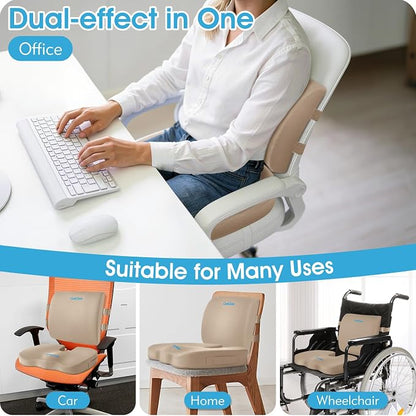 CushZone Ergonomic Seat Cushion & Lumbar Support Pillow - Memory Foam for Sciatica Pain Relief & Posture Correction, Non-Slip Chair Cushions for Office Chair/Car/Wheelchair/Travel, Khaki X-Large