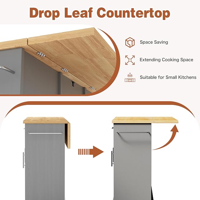 JY QAQA 42" Kitchen Island with Storage on Wheels, Rolling Table with Drop Leaf, Drawers, Cart Handle for Towel Rack or Free Movement, Gray