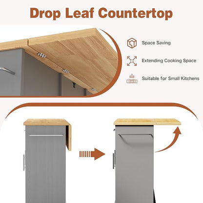JY QAQA 42" Kitchen Island with Storage on Wheels, Rolling Table with Drop Leaf, Drawers, Cart Handle for Towel Rack or Free Movement, Gray