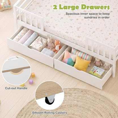 Giantex Full Kids Bed with Storage Drawers, Wood Montessori Bed with Rails & Side Shelf, Low Daybed Bed Frame for Boys Girls, No Box Spring Needed (White)