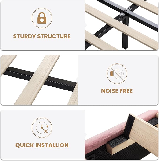 SHA CERLIN Queen Size Velvet Bed Frame with LED Light, Adjustable Vertical Channel Tufted Headboard, Strong Wooden Slats Support, Noise-Free, No Box Spring Needed, Pink