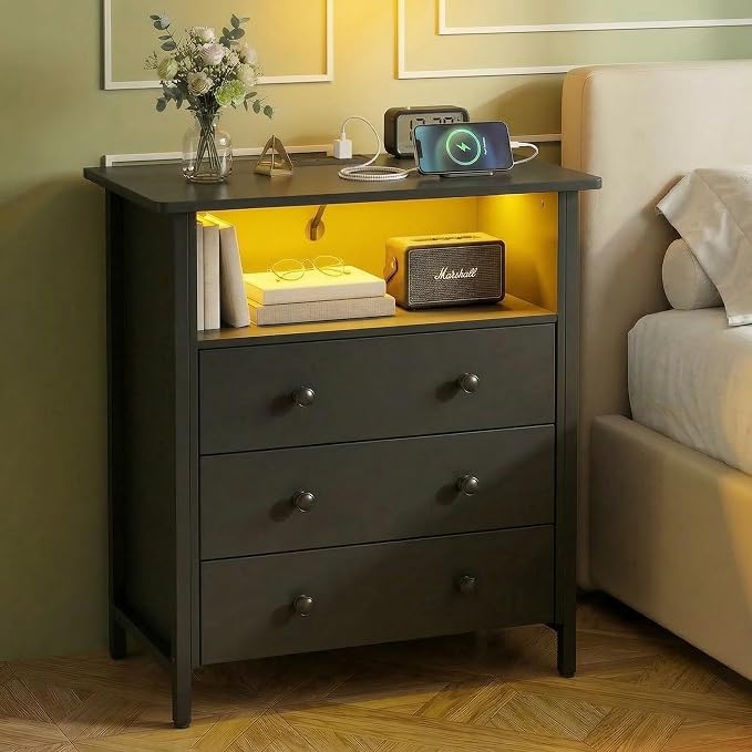 27 Inch LED Nightstand with Charging Station & 3 Drawers, Black | Solid Wood and Steel Frame, 2 AC Outlets, 2 USB Ports, RGB App Control, Open Storage, Adjustable Feet, for Bedroom or Office