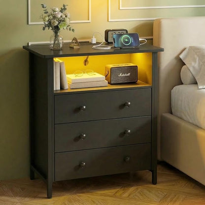 27 Inch LED Nightstand with Charging Station & 3 Drawers, Black | Solid Wood and Steel Frame, 2 AC Outlets, 2 USB Ports, RGB App Control, Open Storage, Adjustable Feet, for Bedroom or Office