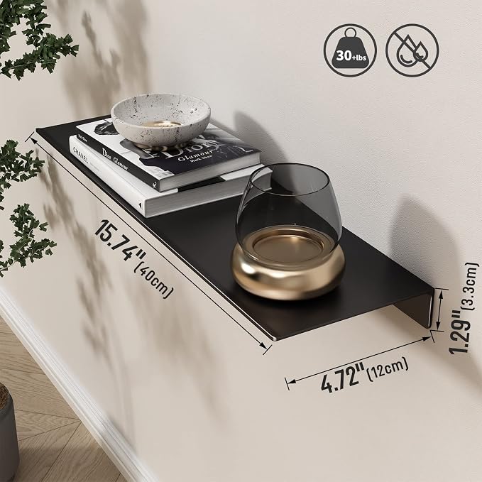 Danpoo 16 inch Floating Shelf for Wall Organizer & Storage, Mini Display Shelf, Metal Wall Shelf for Bathroom, Living Room, Kitchen, Bedroom(Matte Black)