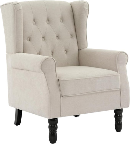 High Back Accent Chair, Fabric Upholstered Armchair Wingback Chair for Living Room, Comfy Bedroom Reading Seat with Solid Wood Legs, Beige