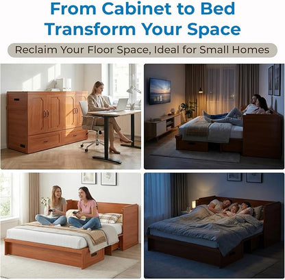Mjkone Queen Murphy Bed with Mattress Include, Murphy Cabinet Bed with USB Charging Station, Hidden Cube Cabinet Beds with Large Storage Drawer for Bedroom Guest Room Home Office, Cherry