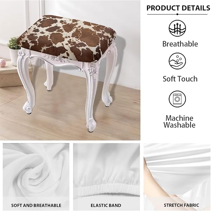 Bar Stool Covers Set of 2 Brown Cow Print Stretch to Fit Rectangle Stool Slipcover Bar Chair Cover with Elastic Band for 14-20 Inch Barstools