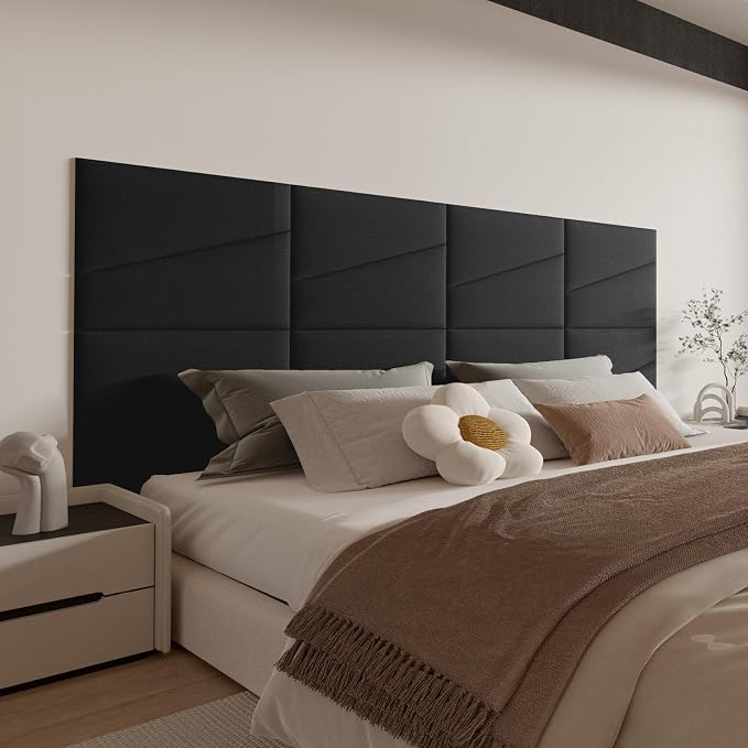 Peel and Stick Headboard for Twin Bed Linen Fabric Upholstered Wall Mounted Headboard - Wall Padding Panel in Black for Bedroom/Living Room/Dorm (4 Panels)